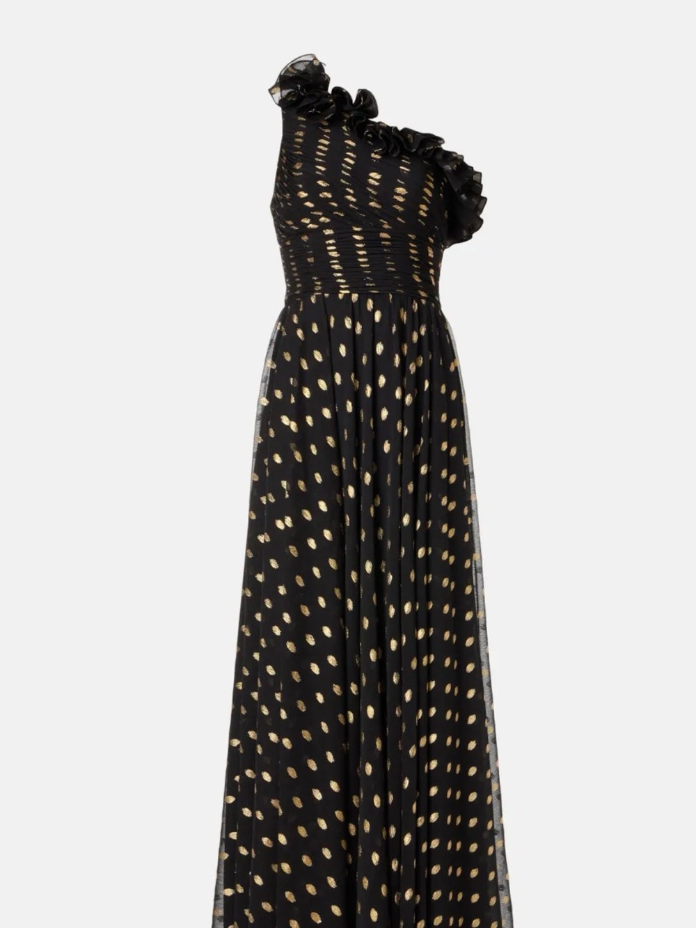 One-Shoulder Black Dress with Gold Dot Accents